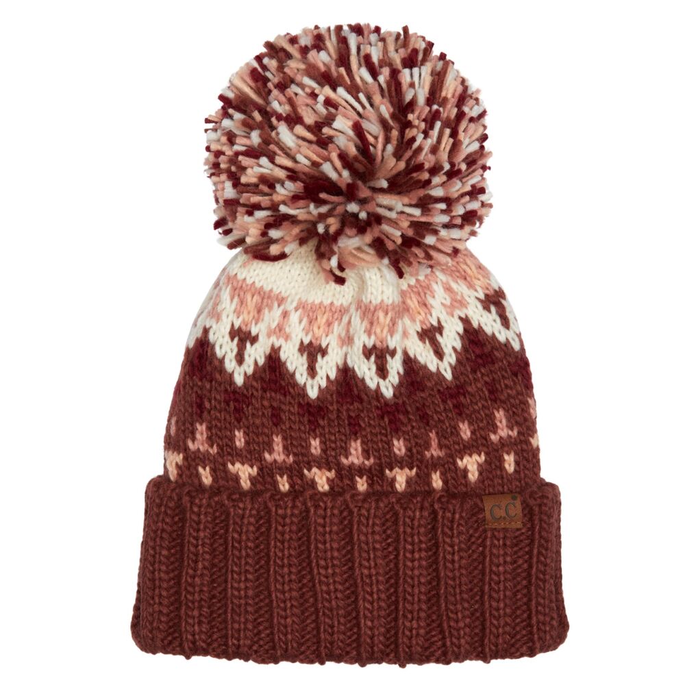 8496 ’s Geometric Pom Beanie – 100% Acrylic Après Ski Winter Hat
